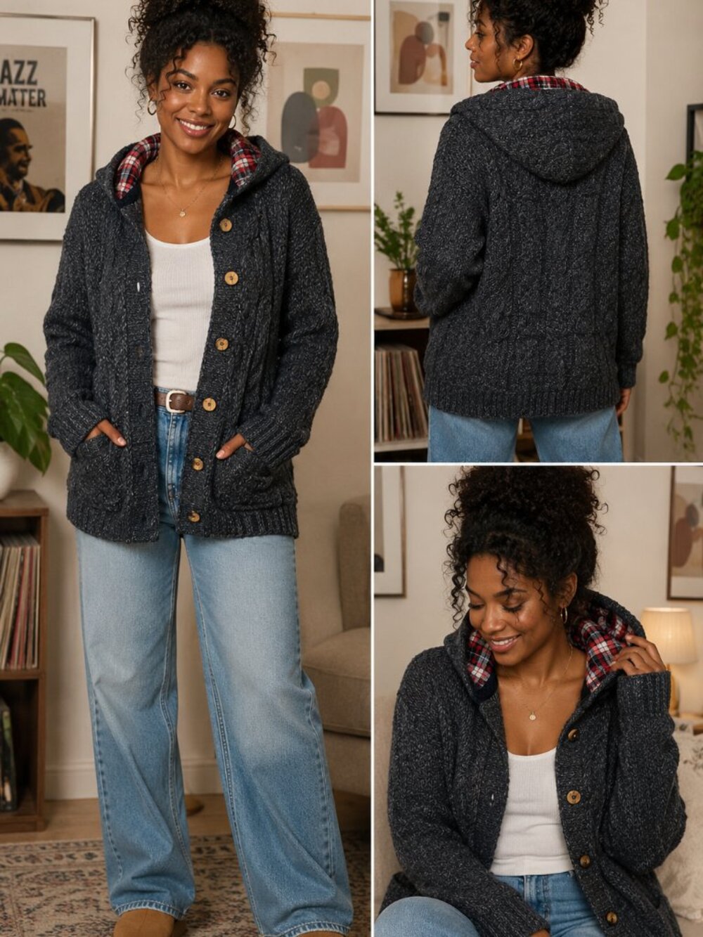 Timberland Heavy Knit Hooded Cardigan Jacket – Plaid Lined | XS